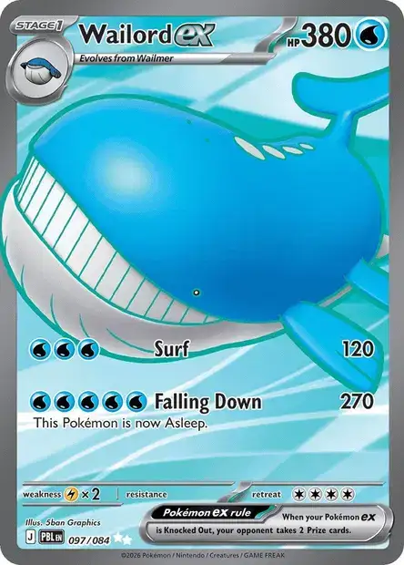 pokemon cards wailord ex PBL 097 - Card price and info [1W] Gulp Down (30) Heal from this Pokémon the same amount of damage you did to your opponents Active Pokémon pokemon card wailord ex Pokemon